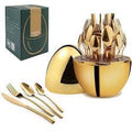 Executive Egg-Shaped 36-Piece Stainless Steel Cutlery Set with Rotating Stand – Gold Finish