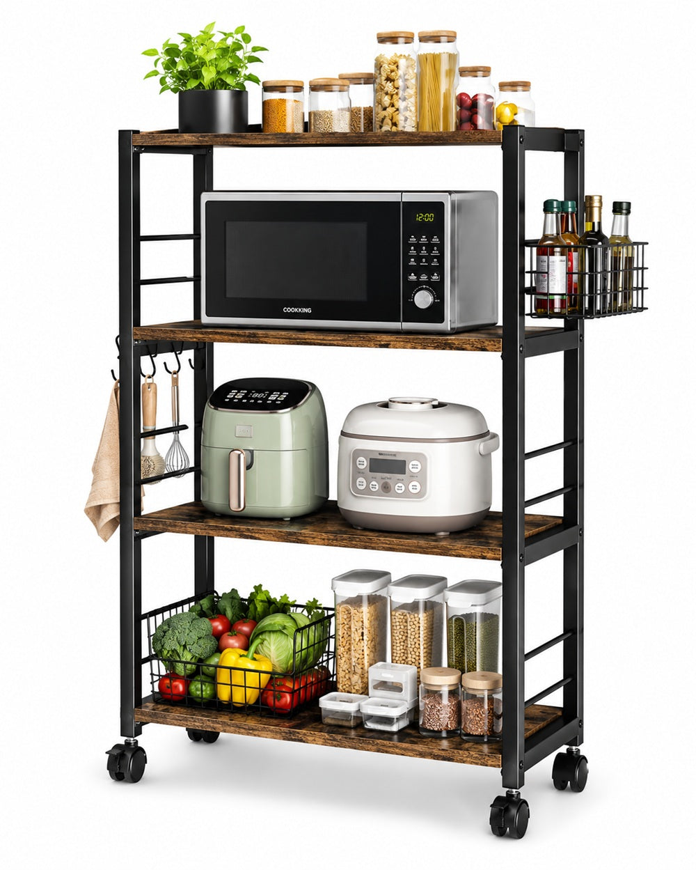 Multi-Layer 4-Tier Kitchen Storage Rack with Wheels – Heavy Duty Microwave & Pantry Organizer