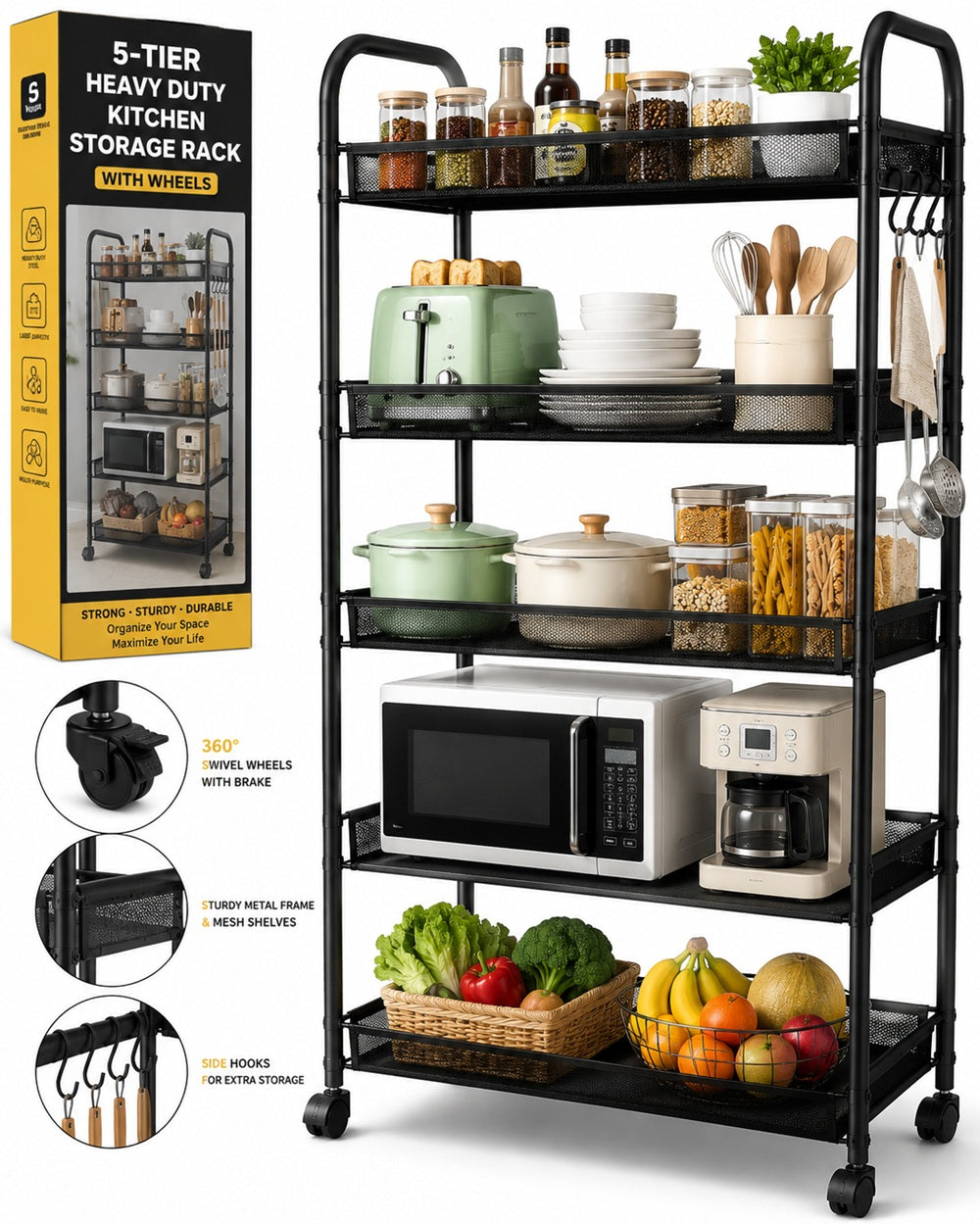 5-Tier Heavy Duty Kitchen Storage Rack with Wheels – Multi-Purpose Organizer