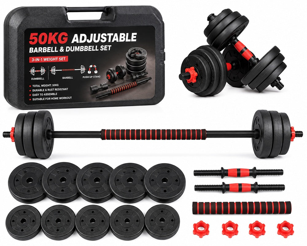 50KG Adjustable Barbell & Dumbbell Weight Set with Carry Case
