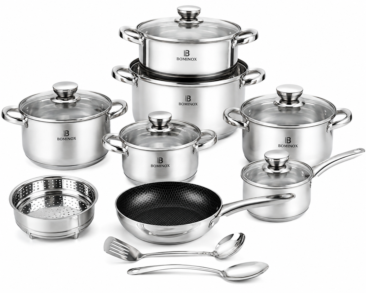 Bominox 12-Piece Stainless Steel Cookware Set – Premium Cooking Pots with Glass Lids