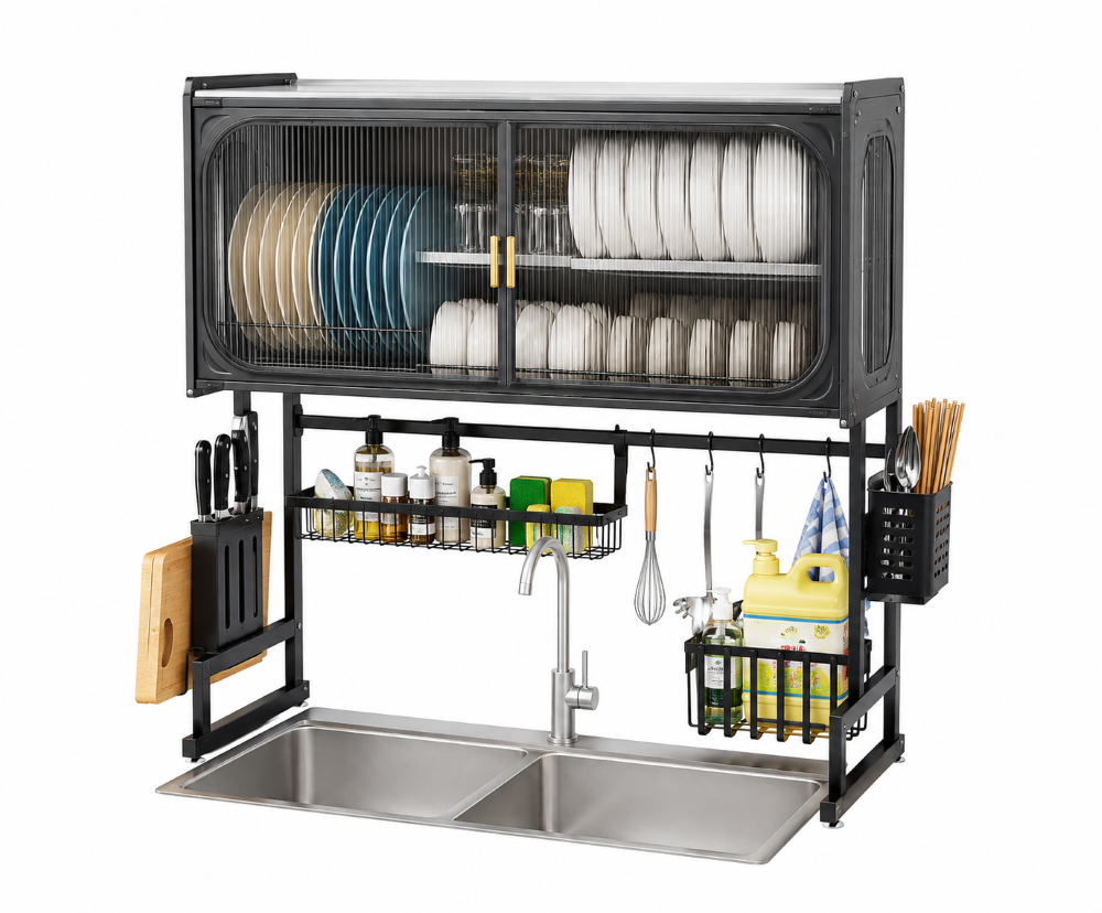 Double Layer Over-the-Sink Dish Rack with Acrylic Cover