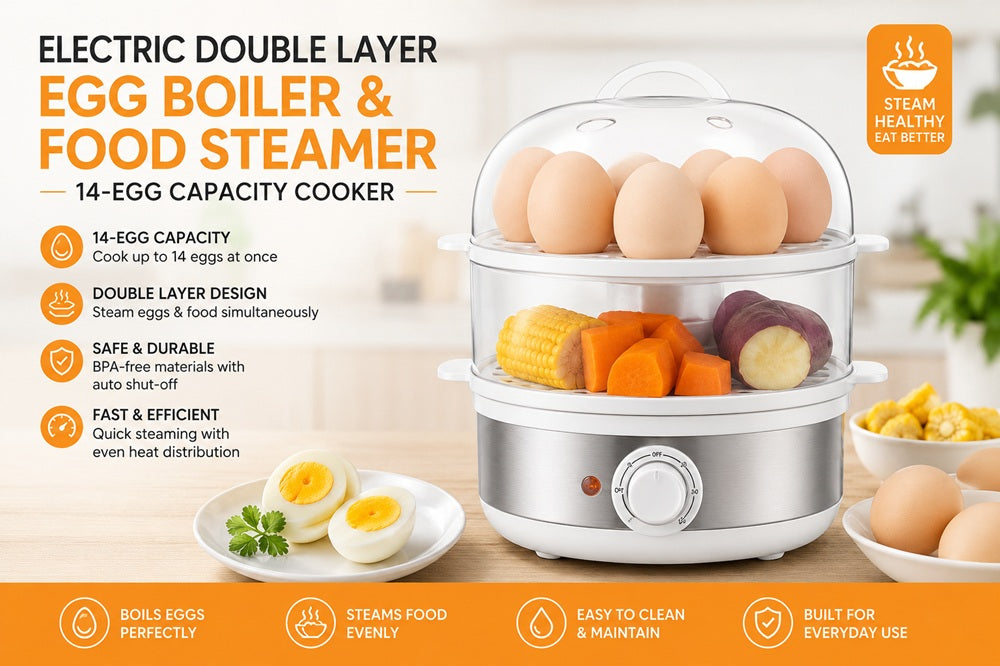 Electric Double Layer Egg Boiler & Food Steamer – 14-Egg Capacity Cooker