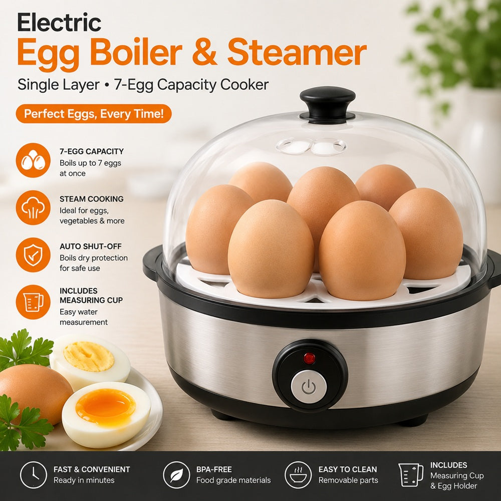 Electric Egg Boiler & Steamer – Single Layer 7-Egg Capacity Cooker