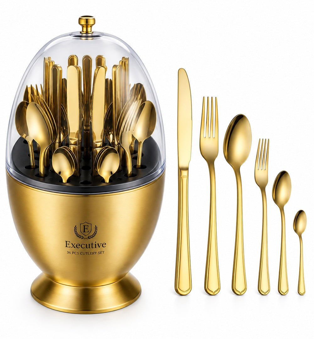 Executive Egg-Shaped 36-Piece Stainless Steel Cutlery Set with Rotating Stand – Gold Finish