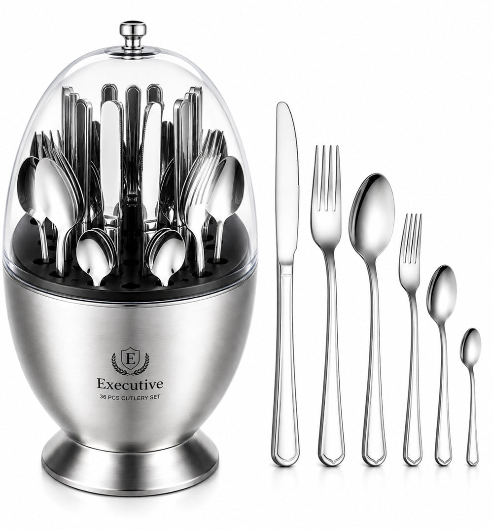 Executive Egg-Shaped 36-Piece Stainless Steel Cutlery Set with Rotating Stand – Silver