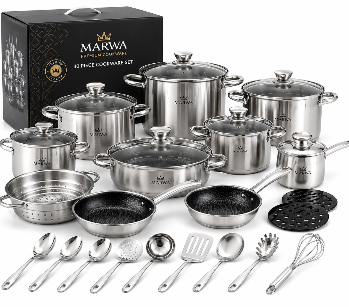 Marwa 30-Piece Stainless Steel Cookware Set – Induction Compatible Kitchen Cookware Collection
