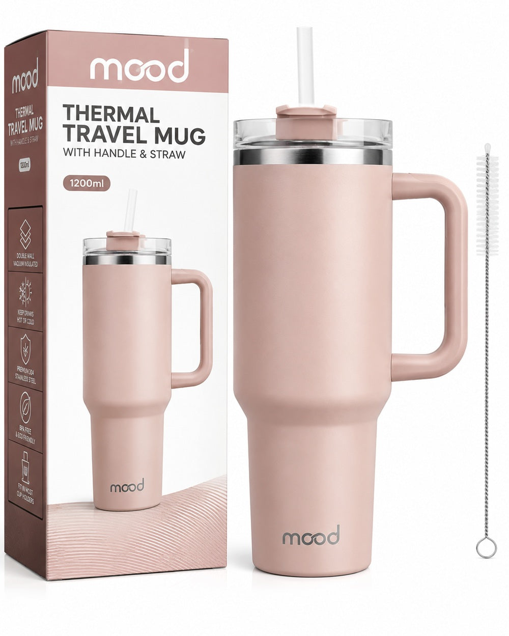 Mood Thermal Travel Mug with Handle & Straw – Insulated Tumbler (1200ml)