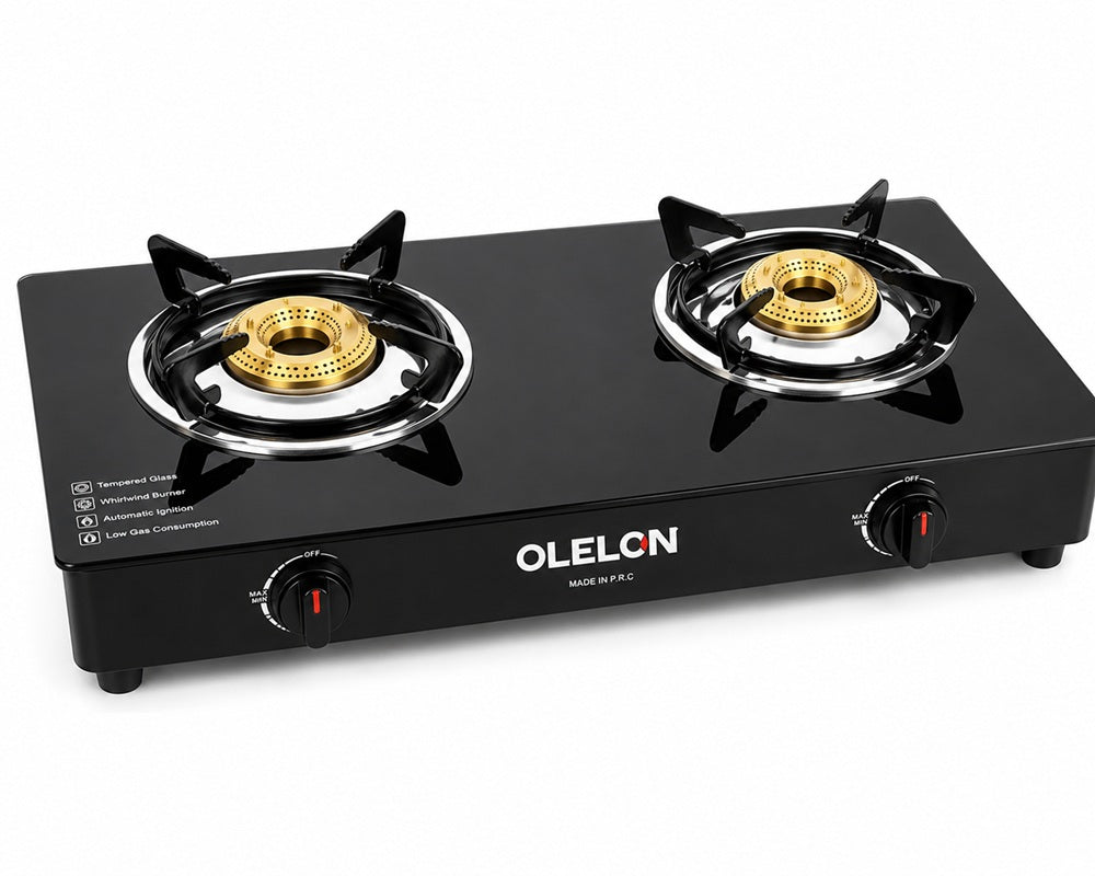 Olelon 2 Burner Tempered Glass Gas Stove – Premium LPG Table Top Cooker