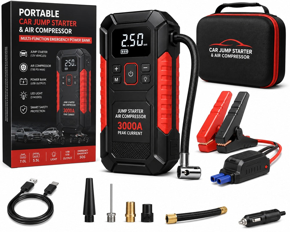 Portable Car Jump Starter & Air Compressor – Multi-Function Emergency Power Bank