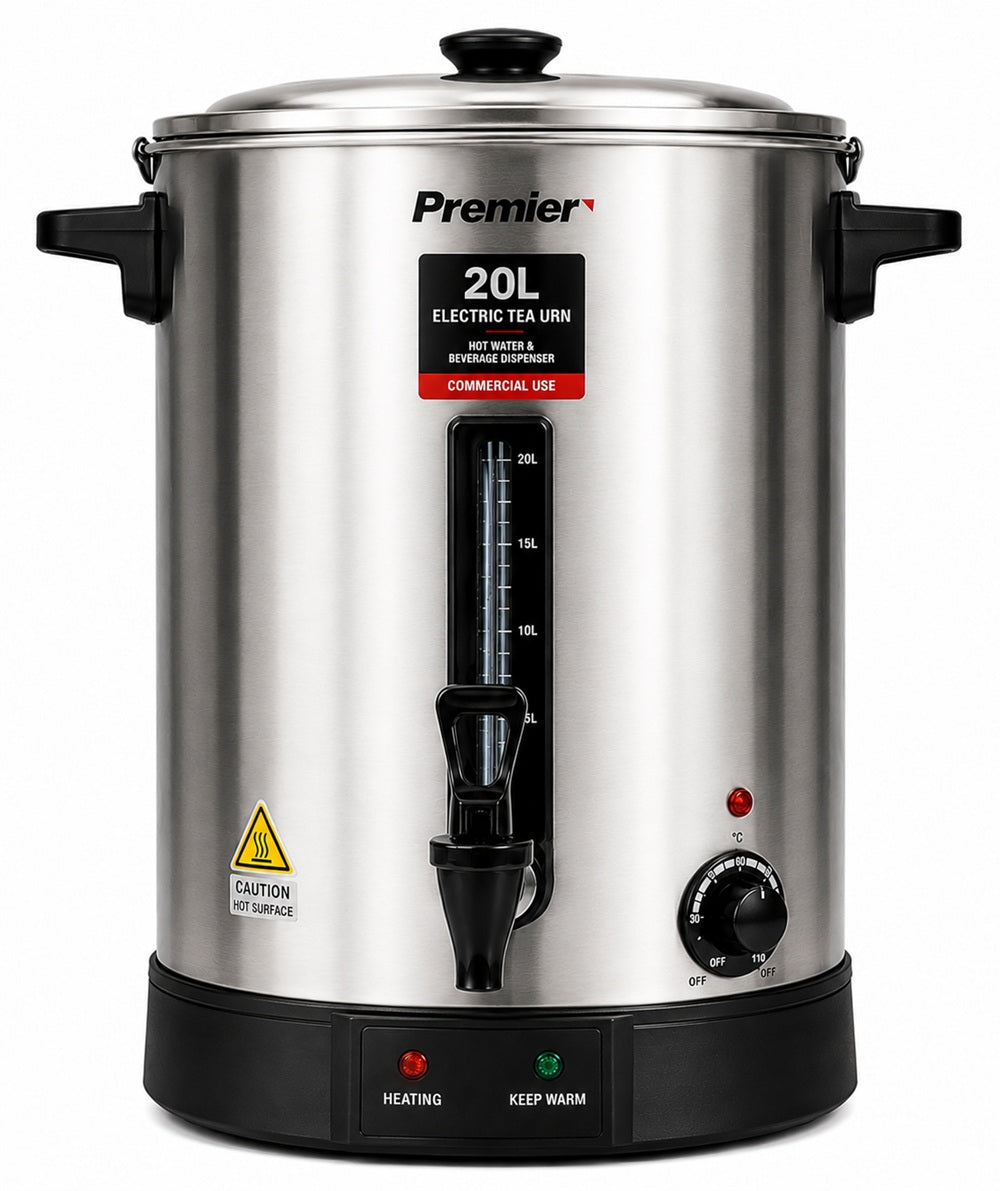 Premier 20 Litre Electric Tea Urn PM-TURN20L – Stainless Steel Hot Water & Beverage Dispenser