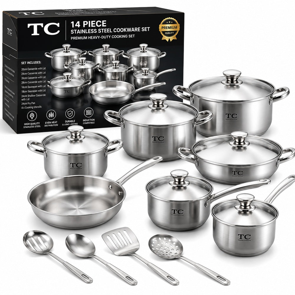 TC 14 Piece Stainless Steel Cookware Set – Premium Heavy-Duty Cooking Pots with Stainless Steel Lids