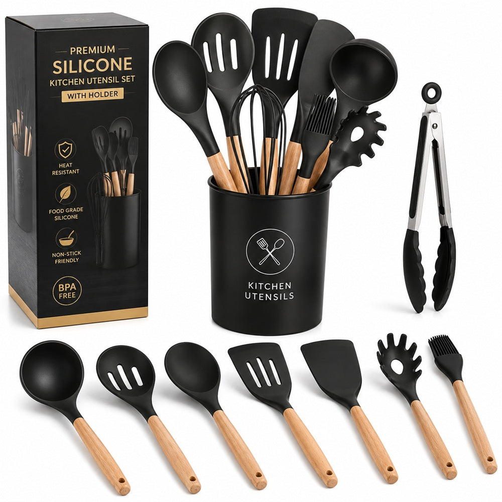 Premium Silicone Kitchen Utensil Set with Holder – Heat-Resistant Non-Stick Cooking Tools