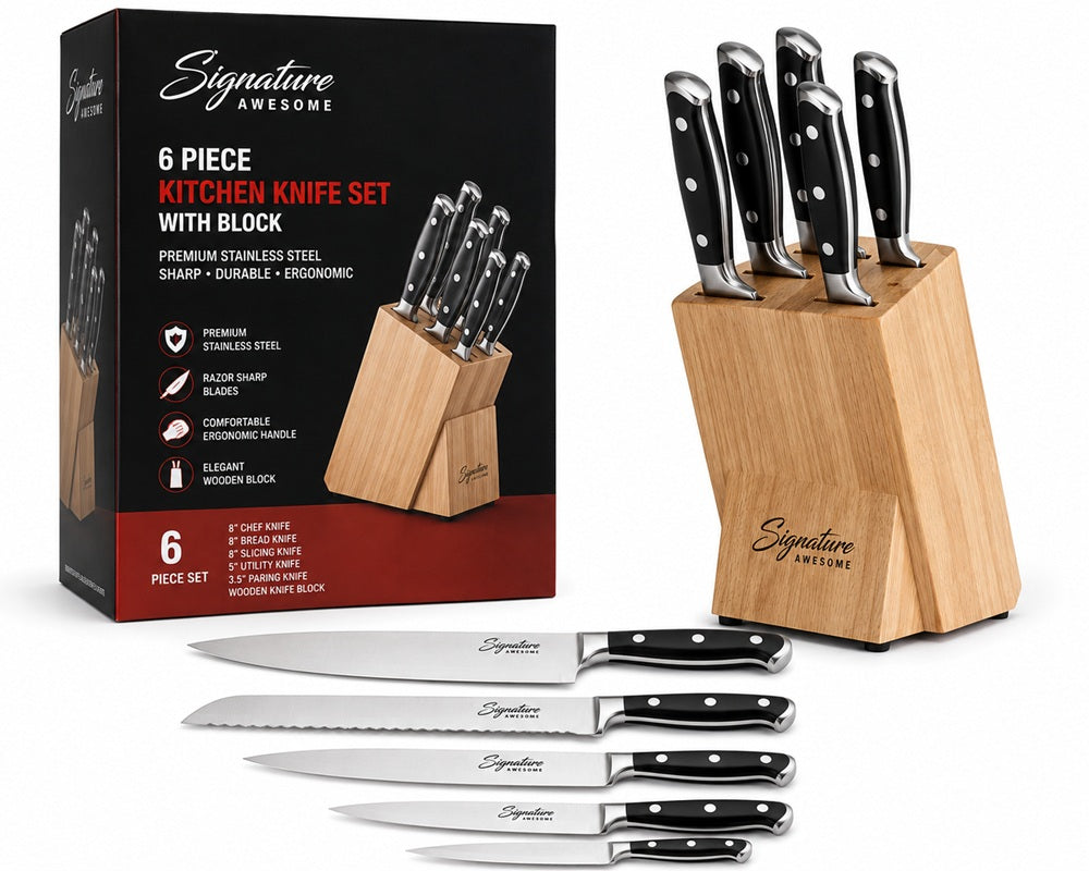 Signature 6-Piece Kitchen Knife Set with Knife Block – Premium Stainless Steel Chef Knife Set