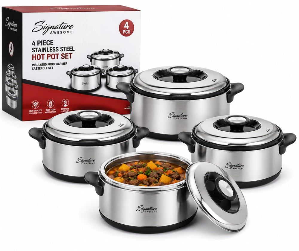Signature Awesome 4-Piece Stainless Steel Hot Pot Set – Insulated Food Warmer Casserole Set