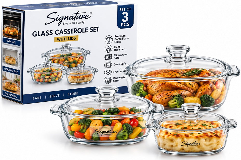 Signature Set of 3 Heat-Resistant Glass Casserole Dishes with Lids – Borosilicate Bakeware Set