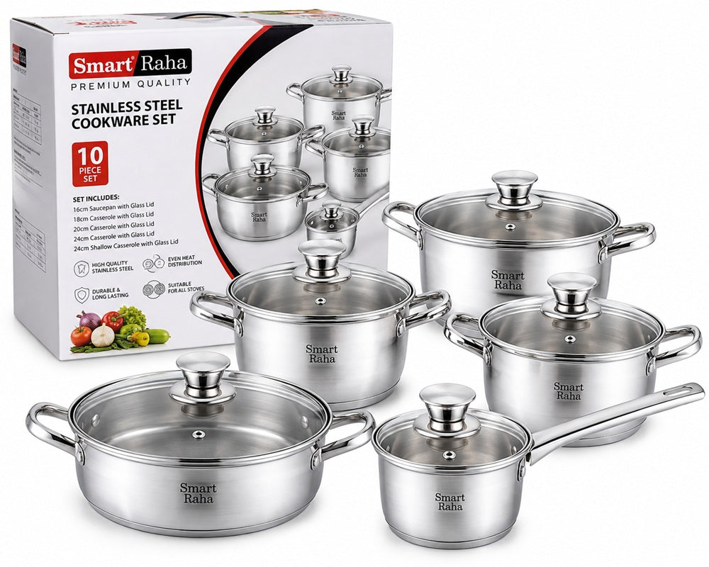 Smart Raha 10 Piece Stainless Steel Cookware Set – Premium Cooking Pots with Glass Lids