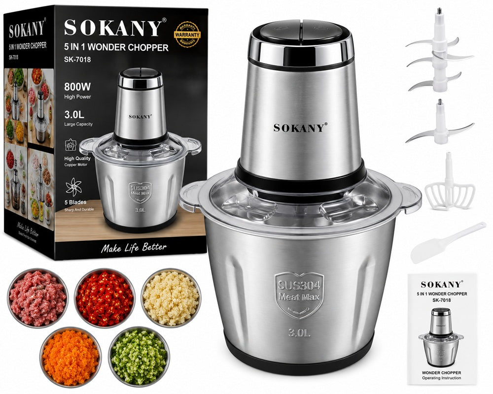 Sokany 5-in-1 Wonder Chopper 3L Food Processor – 800W Stainless Steel