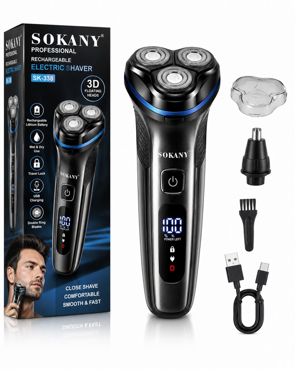 Sokany Rechargeable Electric Shaver – 3D Rotary Cordless Men's Beard & Hair Trimmer