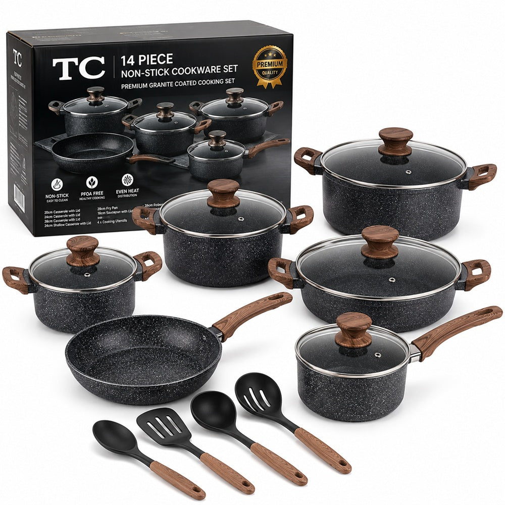 TC 14 Piece Non-Stick Cookware Set – Premium Granite Coated Cooking Pots & Frying Pan