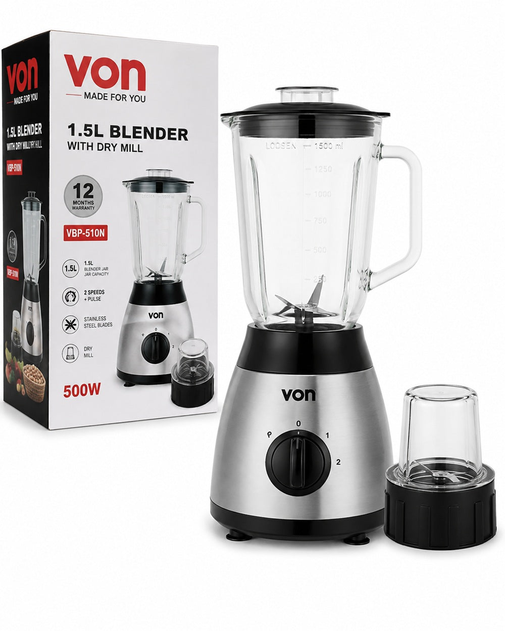 Von 1.5L Blender with Dry Mill – High Performance Kitchen Blender (VBP-510N)