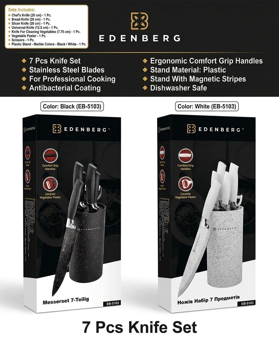 Edenberg 7 Piece Stainless Steel Kitchen Knife Set with Stand