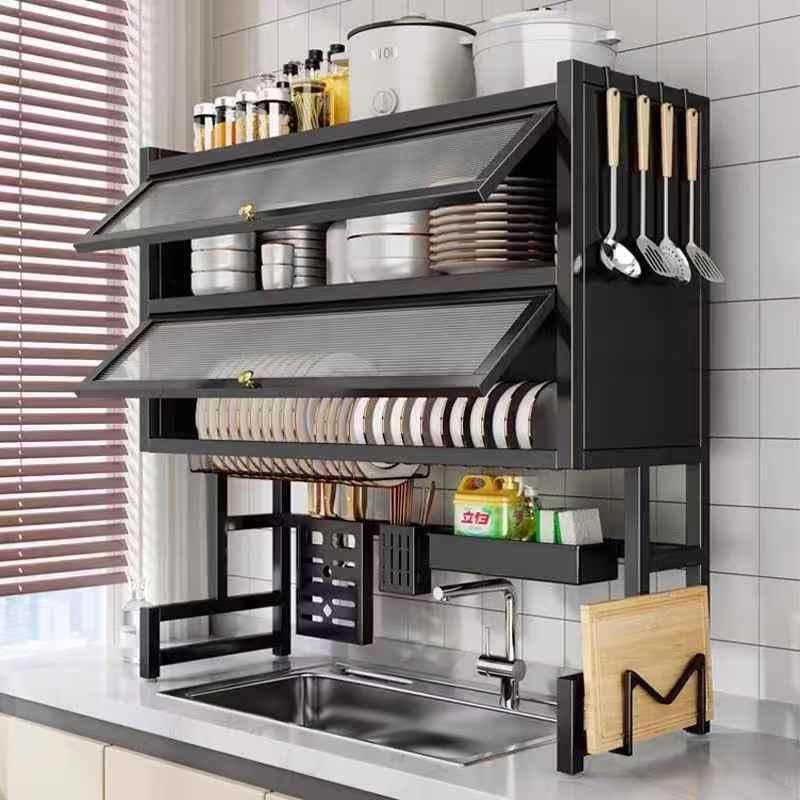 Double Layer Over-the-Sink Dish Rack with Acrylic Cover