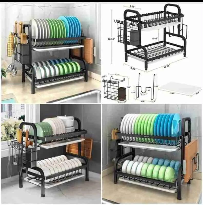 2-Tier Carbon Steel Dish Rack with Drain Tray