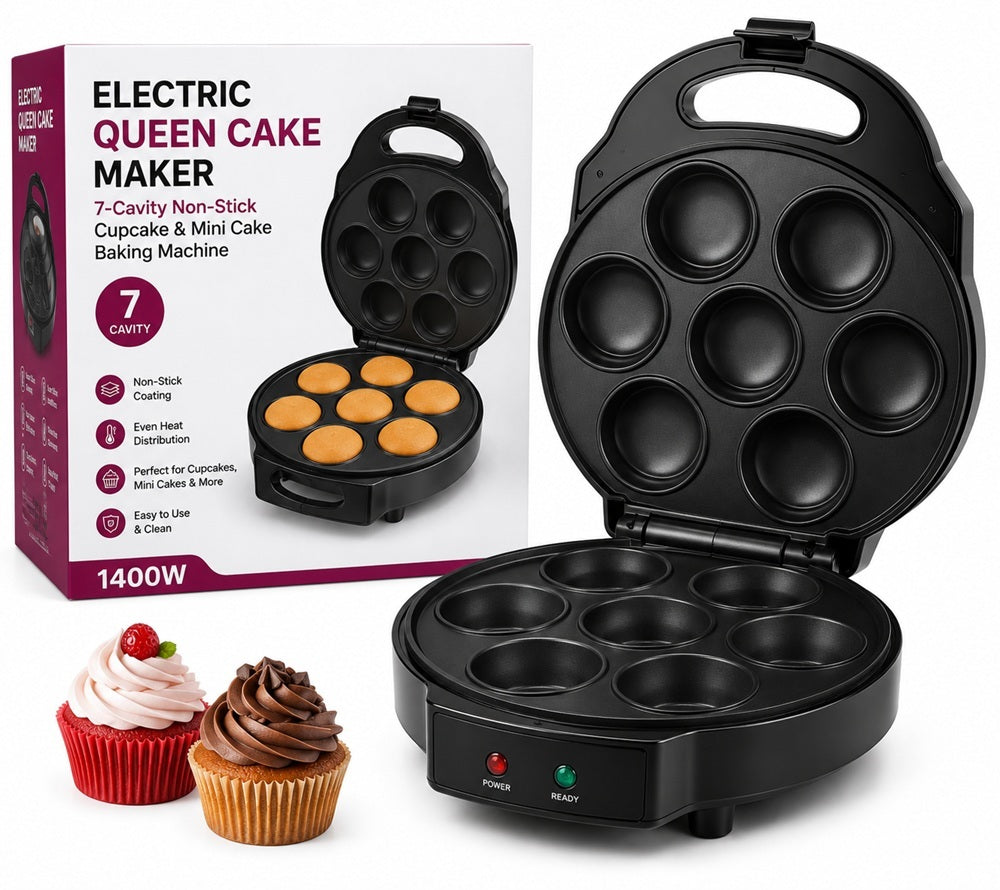 Electric Queen Cake Maker – 7-Cavity Non-Stick Cupcake & Mini Cake Baking Machine