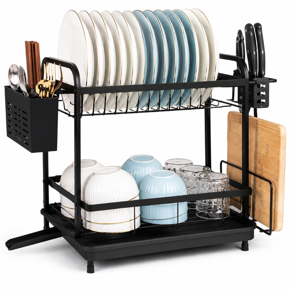 2-Tier Carbon Steel Dish Rack with Drain Tray
