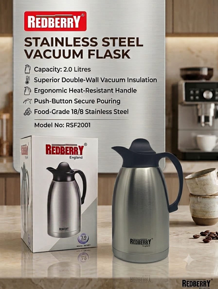Buy the Redberry 1 Litre Stainless Steel Vacuum Flask RSF1001 with double-wall vacuum insulation, secure push-button lid, and ergonomic handle. Keeps drinks hot or cold for hours—perfect for home, office, travel, and hospitality use.
