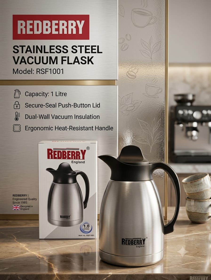 Redberry 1 Litre Stainless Steel Vacuum Flask – Double Wall Insulated Thermal Coffee Flask (RSF1001)