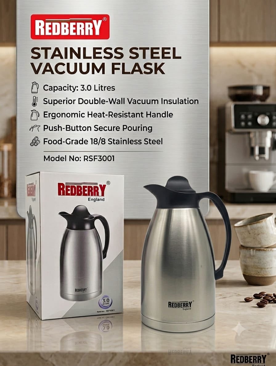 Redberry 3 Litre Stainless Steel Vacuum Flask – Double Wall Insulated Thermal Flask (RSF3001)